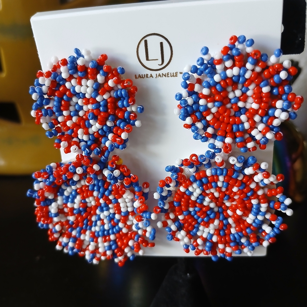 Laura Janelle Beaded Red White Blue Patriotic Dangle 4th July Earrings NEW